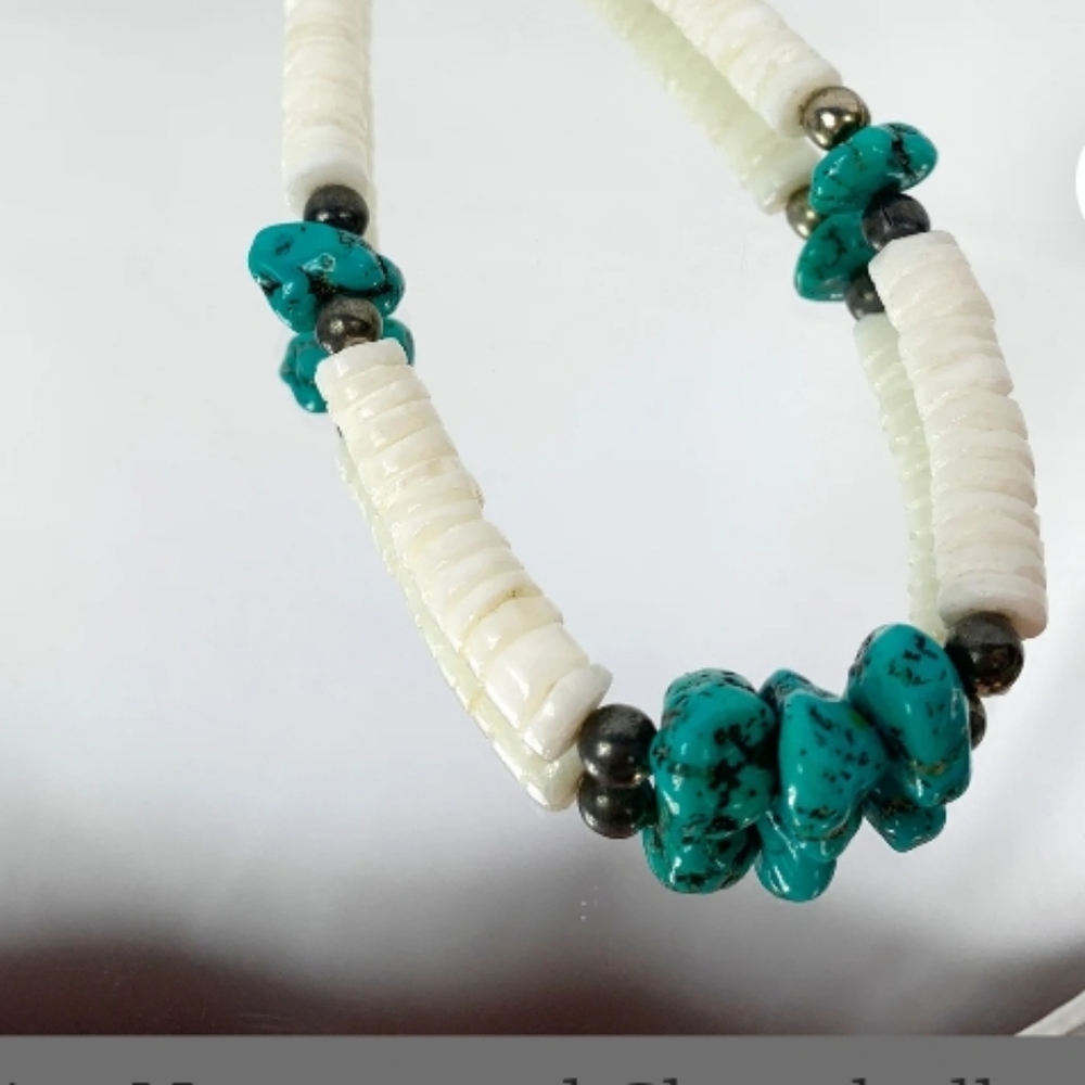 Turquoise Nugget and Clamshell Heishi Necklace, Rare Beauty Vintage